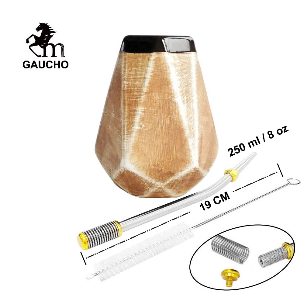 1 PC/Lot Gaucho Yerba Mate Gourds Ceramic Calabash Cups 250 ML With Filter Straw Bombilla & Cleaning Brush acacuss