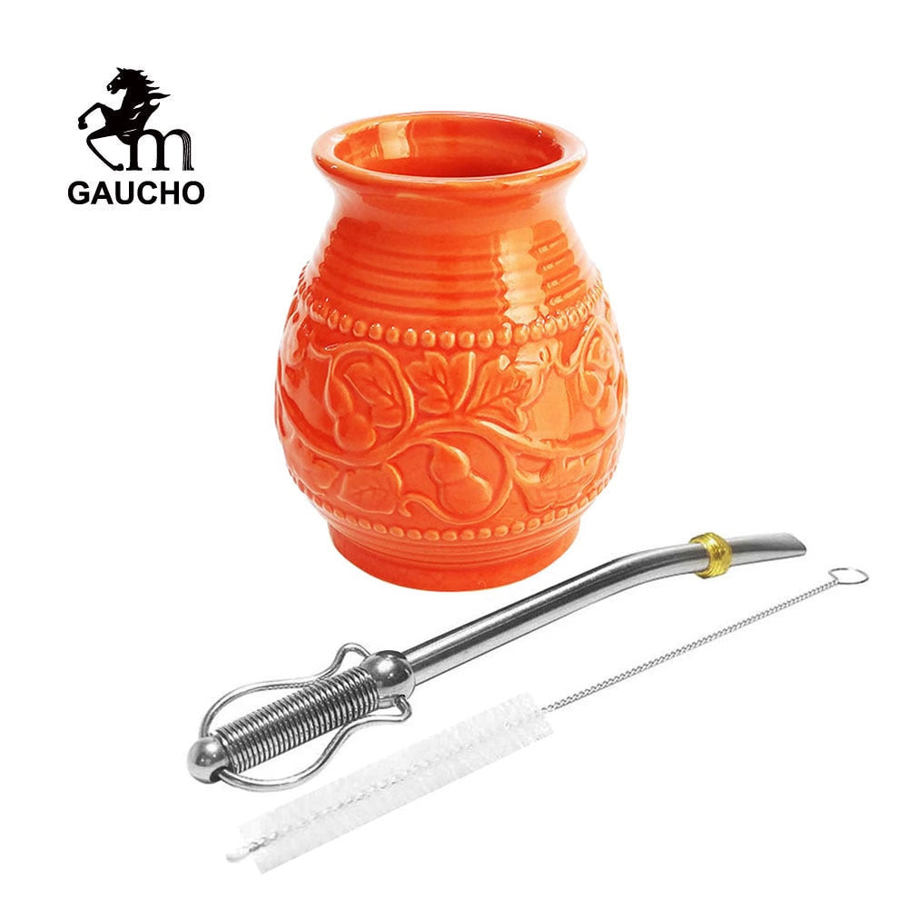 1 PC/Lot Yerba Mate Cups Ceramic Gourds 250 ML Emboss Calabash Pattern acacuss