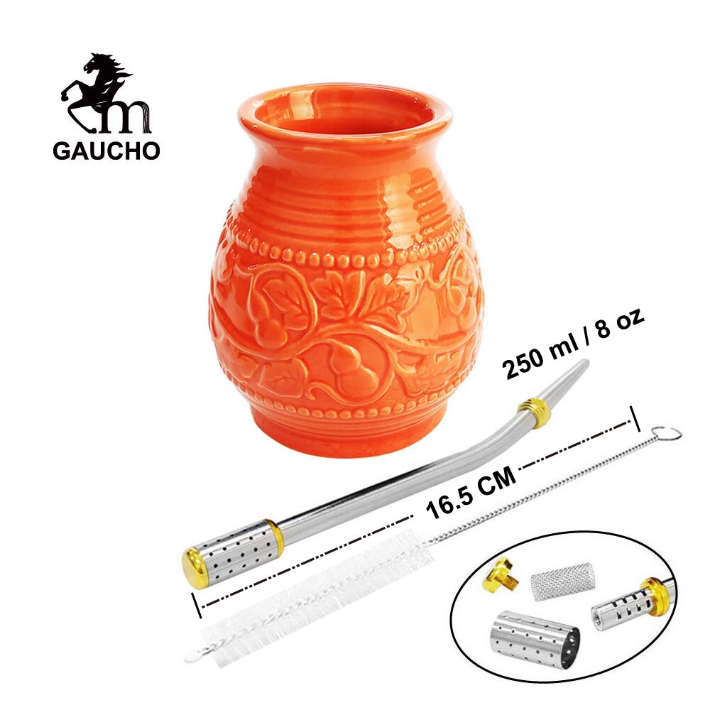 1 PC/Lot Yerba Mate Cups Ceramic Gourds 250 ML Emboss Calabash Pattern acacuss