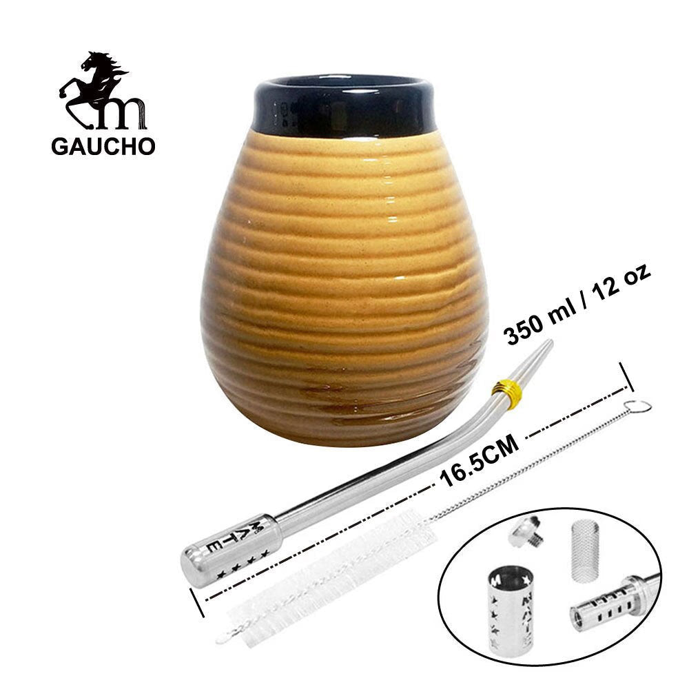 1 PC/Lot Yerba Mate Gourds Emboss Stripe Ceramic Calabash Cups With Bombilla Filter Straw And Cleaning Brush acacuss