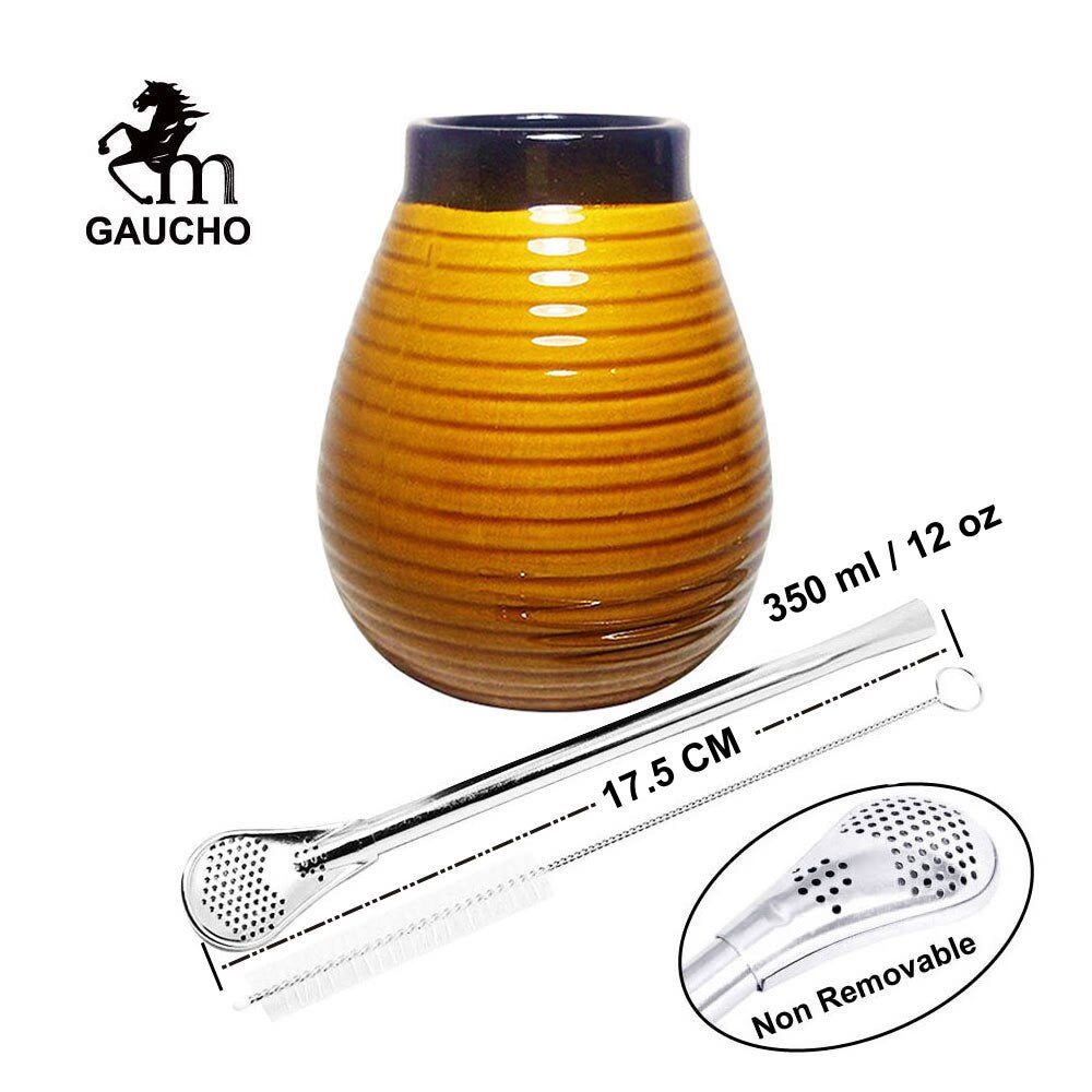 1 PC/Lot Yerba Mate Gourds Emboss Stripe Ceramic Calabash Cups With Bombilla Filter Straw And Cleaning Brush acacuss