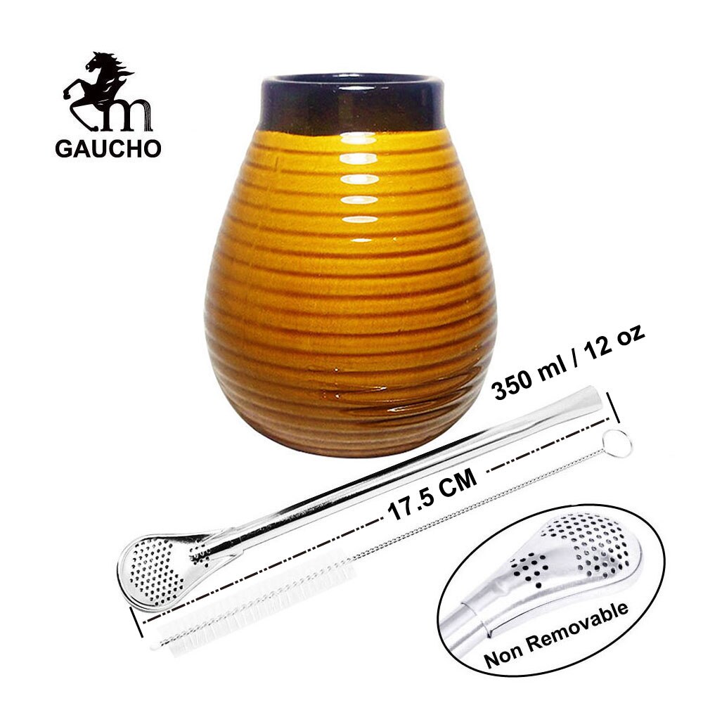 1 PC/Lot Yerba Mate Gourds Emboss Stripe Ceramic Calabash Cups With Bombilla Filter Straw And Cleaning Brush acacuss