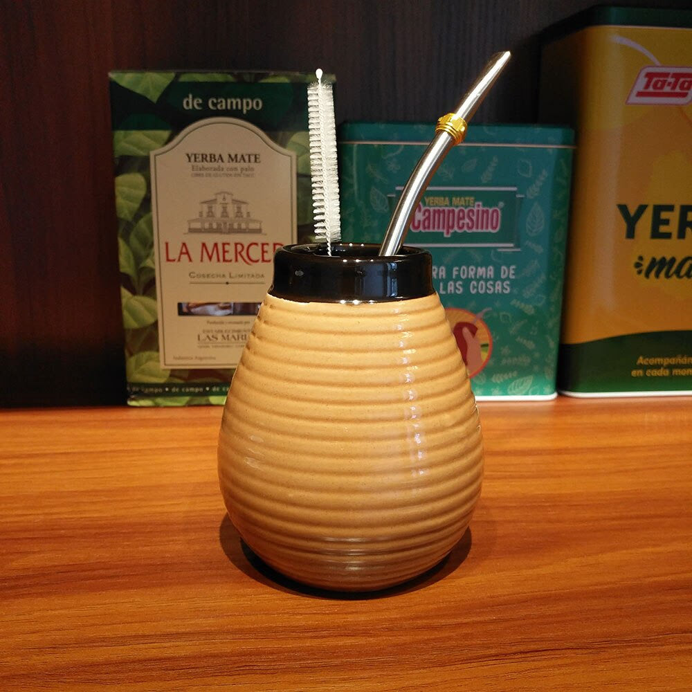 1 PC/Lot Yerba Mate Gourds Emboss Stripe Ceramic Calabash Cups With Bombilla Filter Straw And Cleaning Brush acacuss