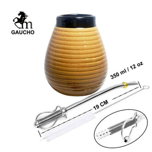 1 PC/Lot Yerba Mate Gourds Emboss Stripe Ceramic Calabash Cups With Bombilla Filter Straw And Cleaning Brush acacuss
