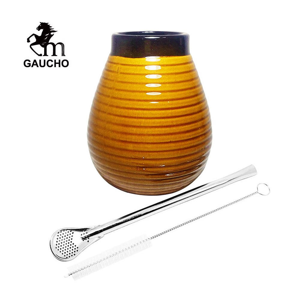 1 PC/Lot Yerba Mate Gourds Emboss Stripe Ceramic Calabash Cups With Bombilla Filter Straw And Cleaning Brush acacuss