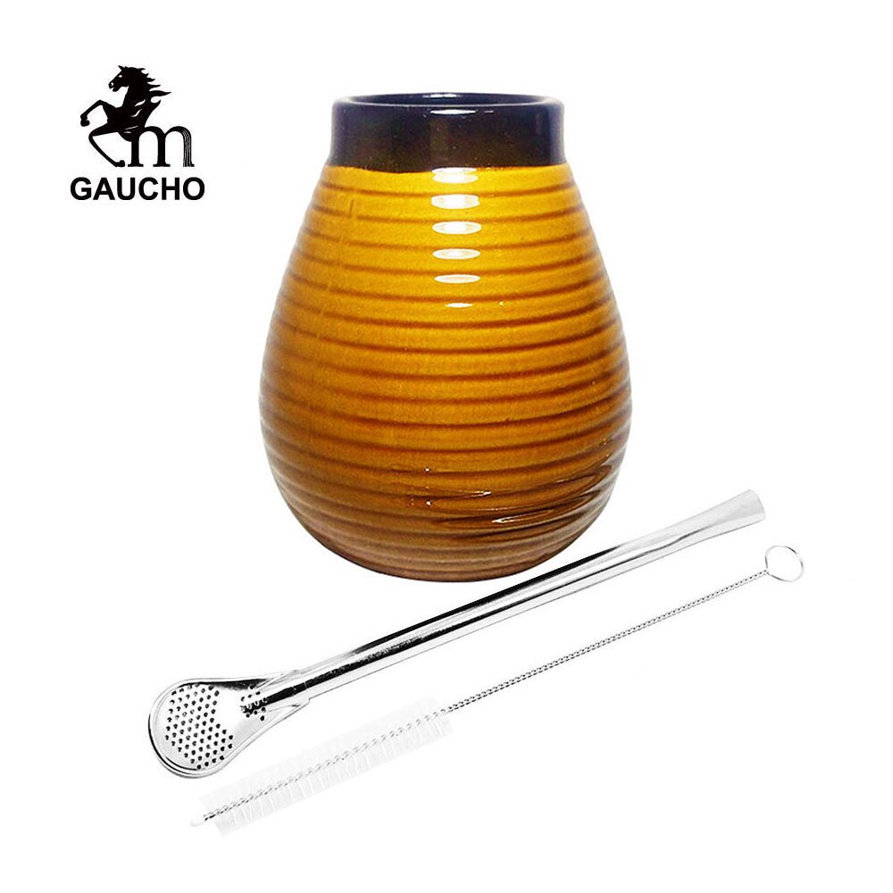 1 PC/Lot Yerba Mate Gourds Emboss Stripe Ceramic Calabash Cups With Bombilla Filter Straw And Cleaning Brush acacuss