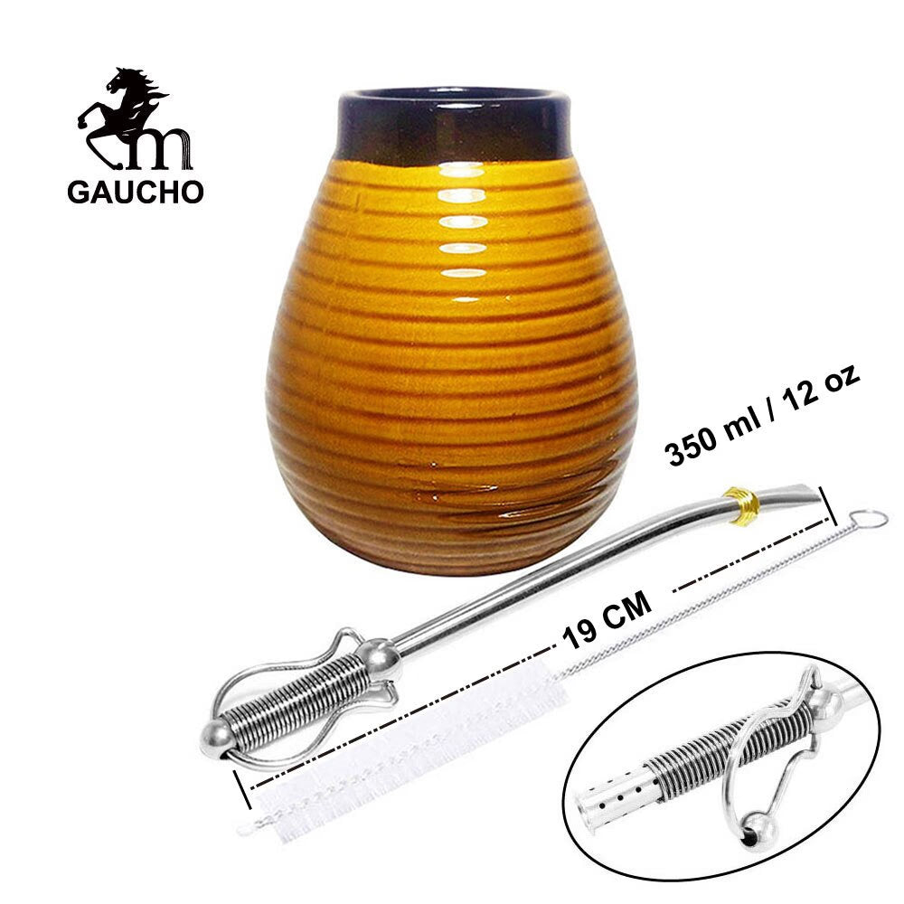1 PC/Lot Yerba Mate Gourds Emboss Stripe Ceramic Calabash Cups With Bombilla Filter Straw And Cleaning Brush acacuss