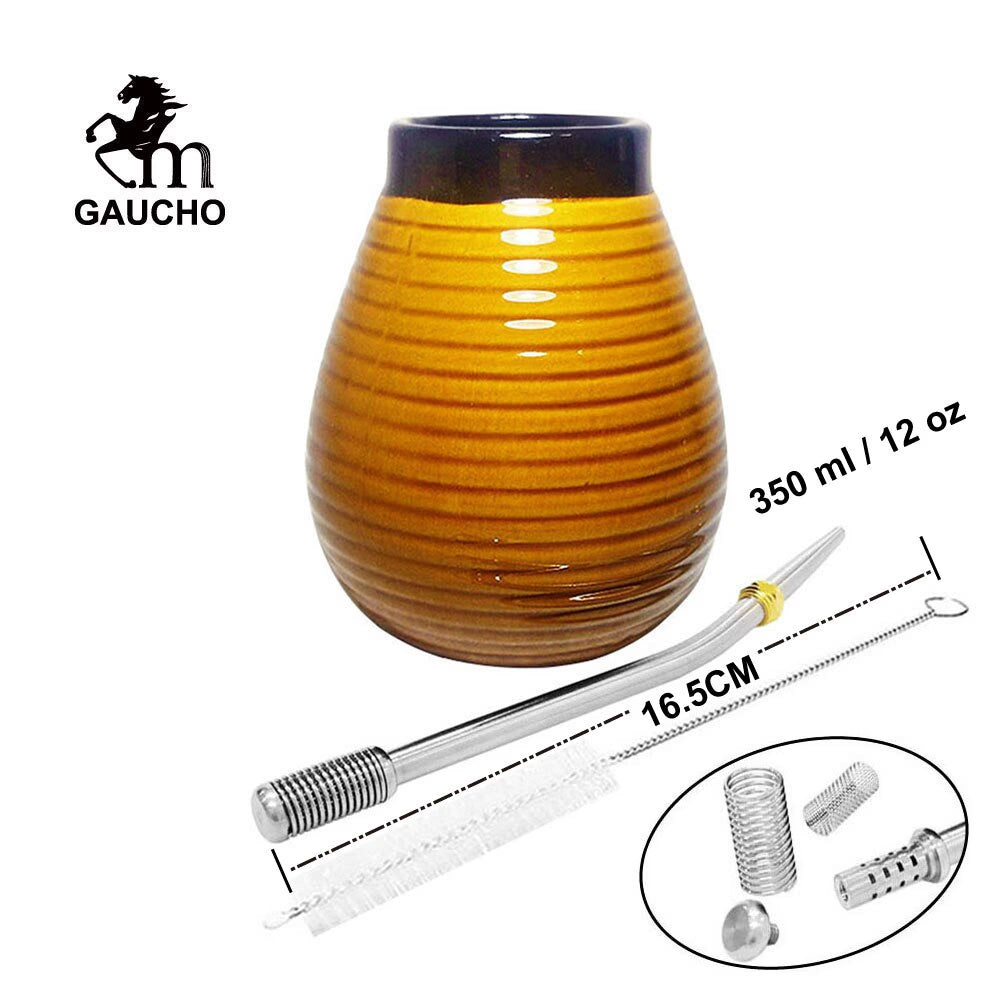 1 PC/Lot Yerba Mate Gourds Emboss Stripe Ceramic Calabash Cups With Bombilla Filter Straw And Cleaning Brush acacuss