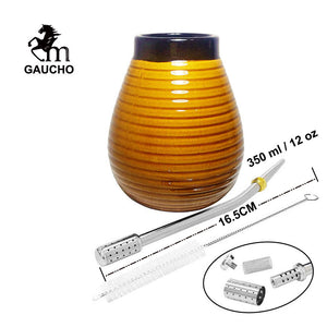 1 PC/Lot Yerba Mate Gourds Emboss Stripe Ceramic Calabash Cups With Bombilla Filter Straw And Cleaning Brush acacuss