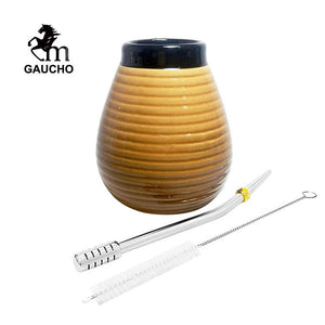 1 PC/Lot Yerba Mate Gourds Emboss Stripe Ceramic Calabash Cups With Bombilla Filter Straw And Cleaning Brush acacuss