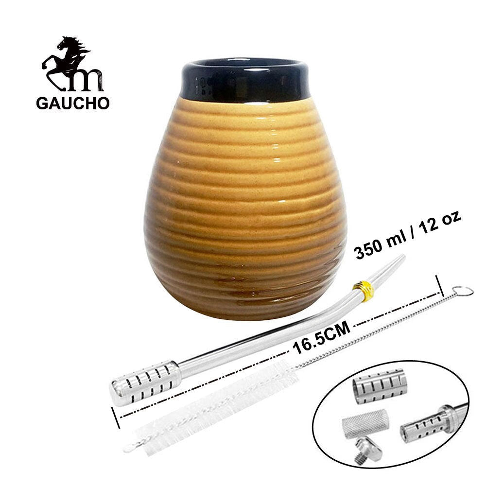 1 PC/Lot Yerba Mate Gourds Emboss Stripe Ceramic Calabash Cups With Bombilla Filter Straw And Cleaning Brush acacuss