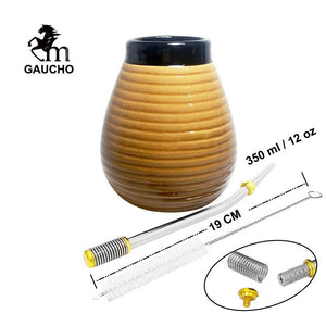 1 PC/Lot Yerba Mate Gourds Emboss Stripe Ceramic Calabash Cups With Bombilla Filter Straw And Cleaning Brush acacuss