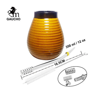 1 PC/Lot Yerba Mate Gourds Emboss Stripe Ceramic Calabash Cups With Bombilla Filter Straw And Cleaning Brush acacuss