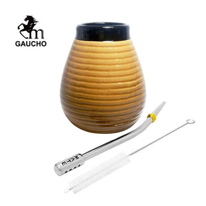 1 PC/Lot Yerba Mate Gourds Emboss Stripe Ceramic Calabash Cups With Bombilla Filter Straw And Cleaning Brush acacuss