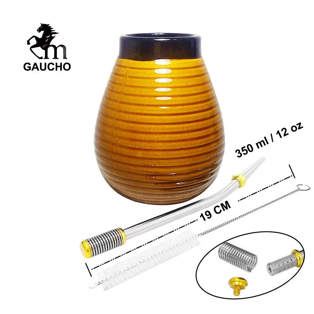1 PC/Lot Yerba Mate Gourds Emboss Stripe Ceramic Calabash Cups With Bombilla Filter Straw And Cleaning Brush acacuss