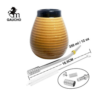 1 PC/Lot Yerba Mate Gourds Emboss Stripe Ceramic Calabash Cups With Bombilla Filter Straw And Cleaning Brush acacuss