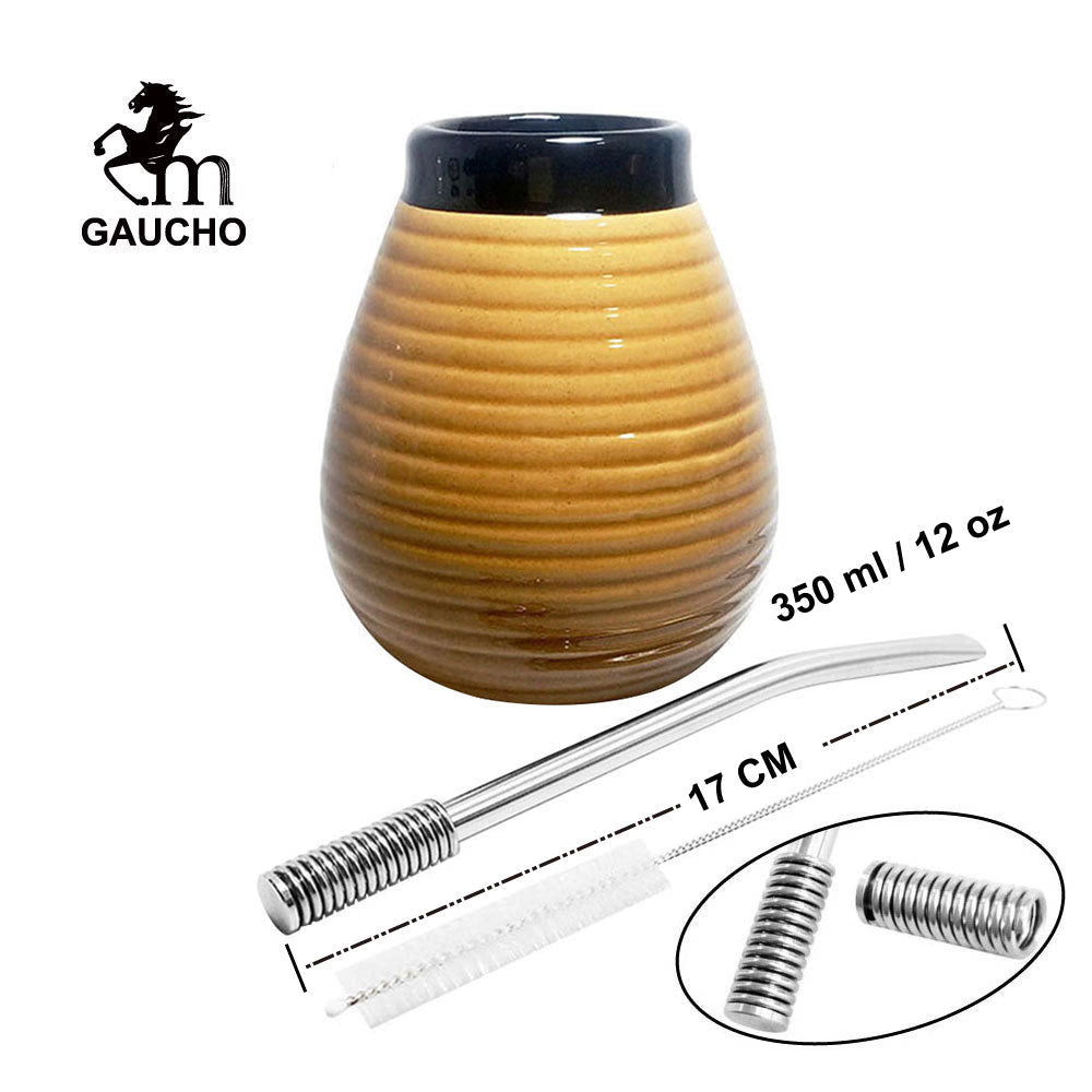 1 PC/Lot Yerba Mate Gourds Emboss Stripe Ceramic Calabash Cups With Bombilla Filter Straw And Cleaning Brush acacuss
