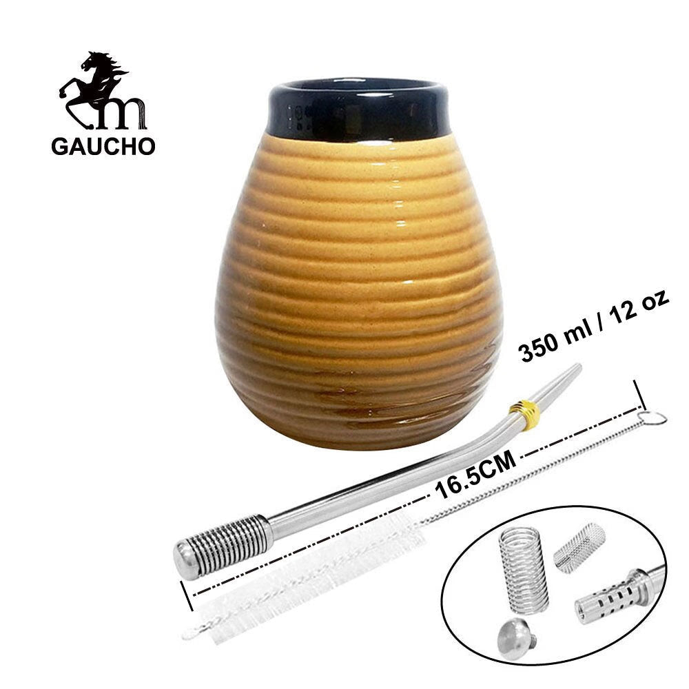 1 PC/Lot Yerba Mate Gourds Emboss Stripe Ceramic Calabash Cups With Bombilla Filter Straw And Cleaning Brush acacuss