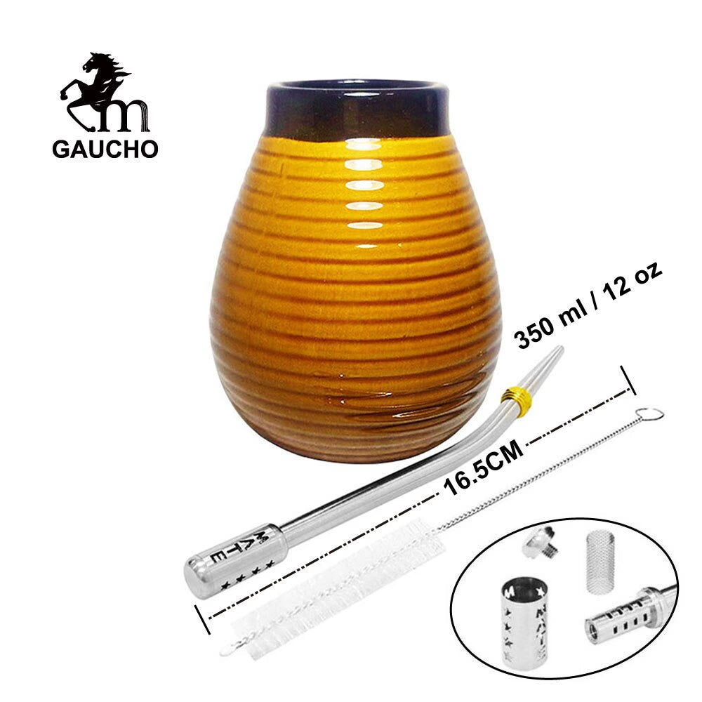 1 PC/Lot Yerba Mate Gourds Emboss Stripe Ceramic Calabash Cups With Bombilla Filter Straw And Cleaning Brush acacuss