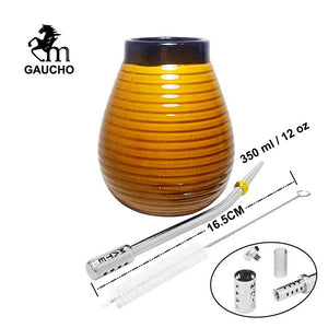 1 PC/Lot Yerba Mate Gourds Emboss Stripe Ceramic Calabash Cups With Bombilla Filter Straw And Cleaning Brush acacuss