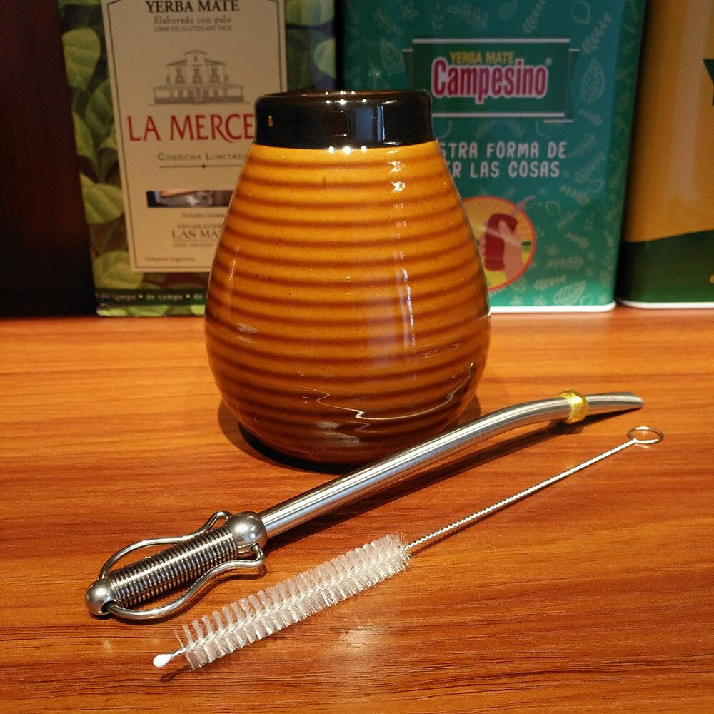 1 PC/Lot Yerba Mate Gourds Emboss Stripe Ceramic Calabash Cups With Bombilla Filter Straw And Cleaning Brush acacuss