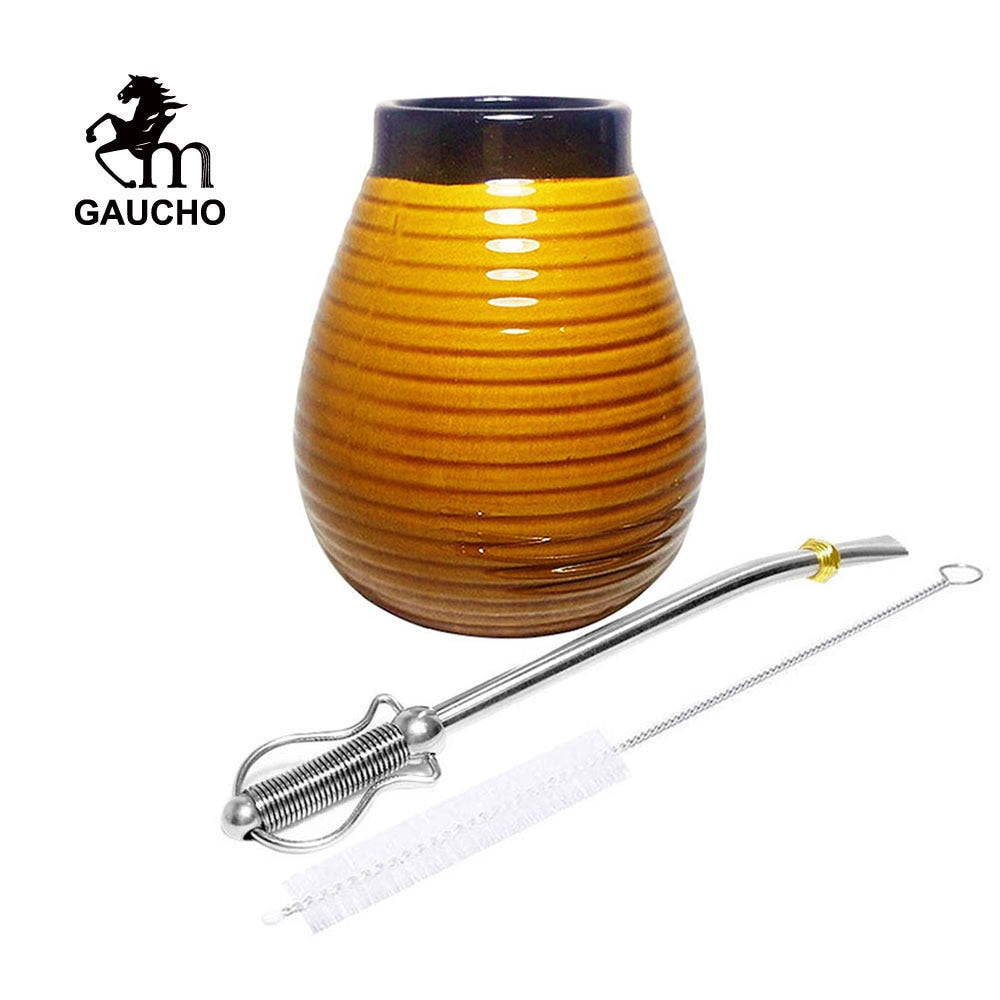 1 PC/Lot Yerba Mate Gourds Emboss Stripe Ceramic Calabash Cups With Bombilla Filter Straw And Cleaning Brush acacuss