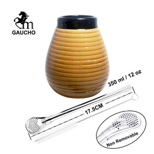 1 PC/Lot Yerba Mate Gourds Emboss Stripe Ceramic Calabash Cups With Bombilla Filter Straw And Cleaning Brush acacuss