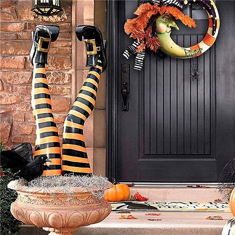 1 Pair Halloween Evil Witch Legs Props Upside Down Wizard Feet with Boot Stake Ornament Decoration for front Yard Lawn Dropship acacuss