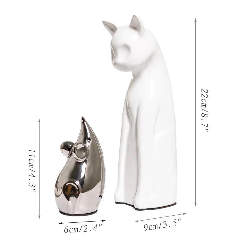 1 Set Modern Silver Cat and Mouse Figures Ceramic Kitten Crafts Home Decoration Figurines Decorative Wedding Gift For Friend New acacuss