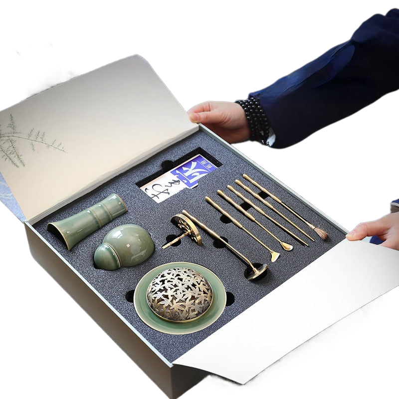 10 Pieces Celadon Brass Seal Gift Box Set Pan Incense Furnace Ash Pressure Tools DIY Household Indoor Seal Extension Accessories acacuss