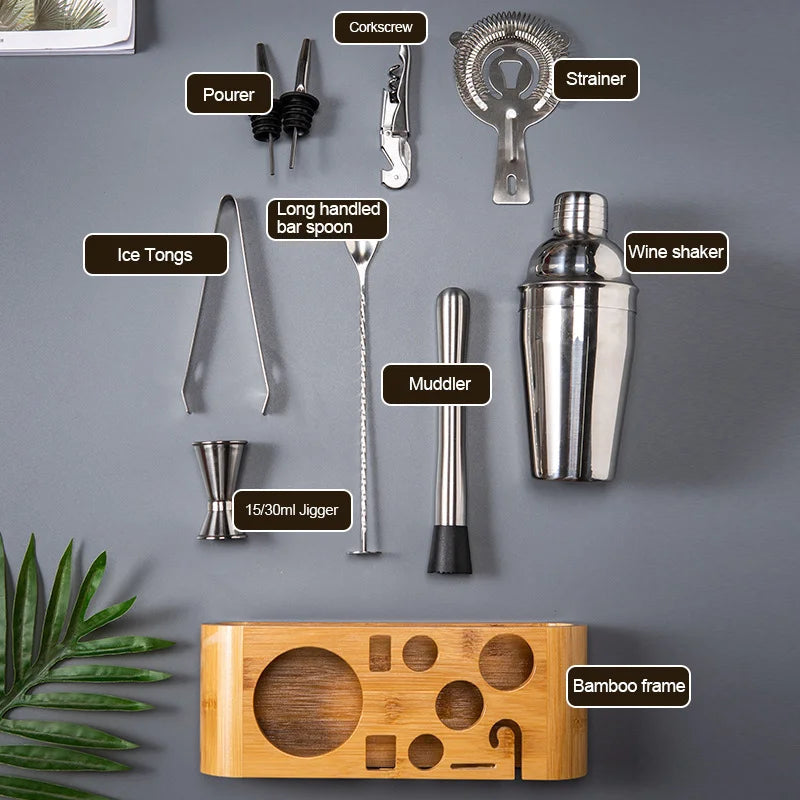 10Pcs Cocktail Shaker Set Bartender Kit Jigger Mixer Muddler Pourer Spoon Stainless Steel Cocktail Mixer Shaker With Bamboo Rack acacuss