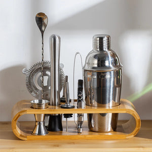 10Pcs Cocktail Shaker Set Bartender Kit Jigger Mixer Muddler Pourer Spoon Stainless Steel Cocktail Mixer Shaker With Bamboo Rack acacuss