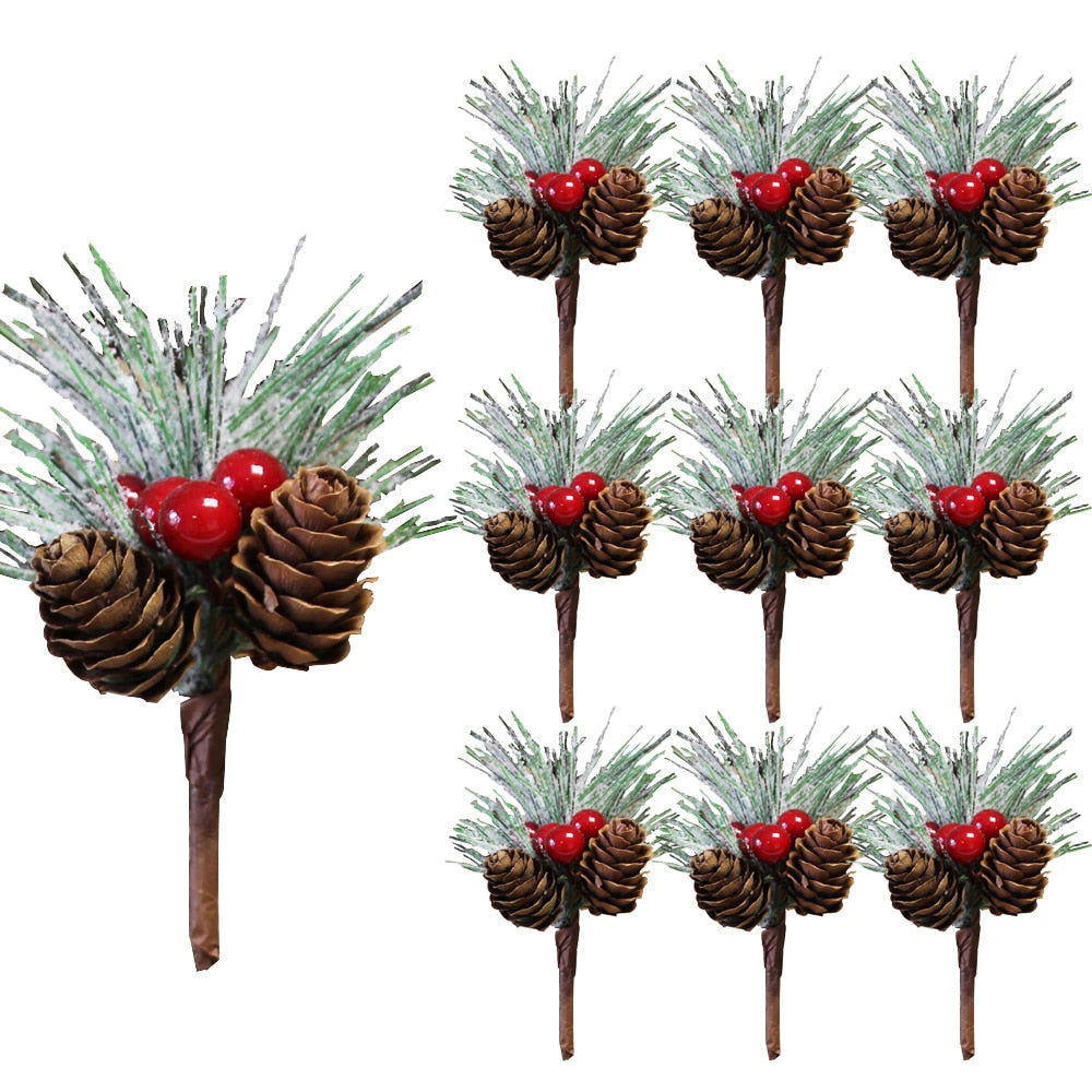 10Pcs Mini Simulation Christmas Pine Picks Stems Artificial Pine Needle Berry Plant for Xmas Party Home Decor Hanging Pendant acacuss