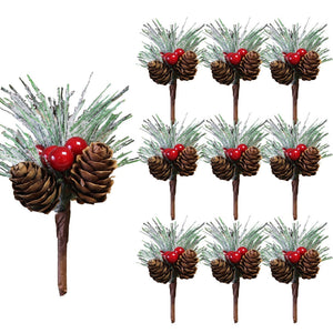10Pcs Mini Simulation Christmas Pine Picks Stems Artificial Pine Needle Berry Plant for Xmas Party Home Decor Hanging Pendant acacuss