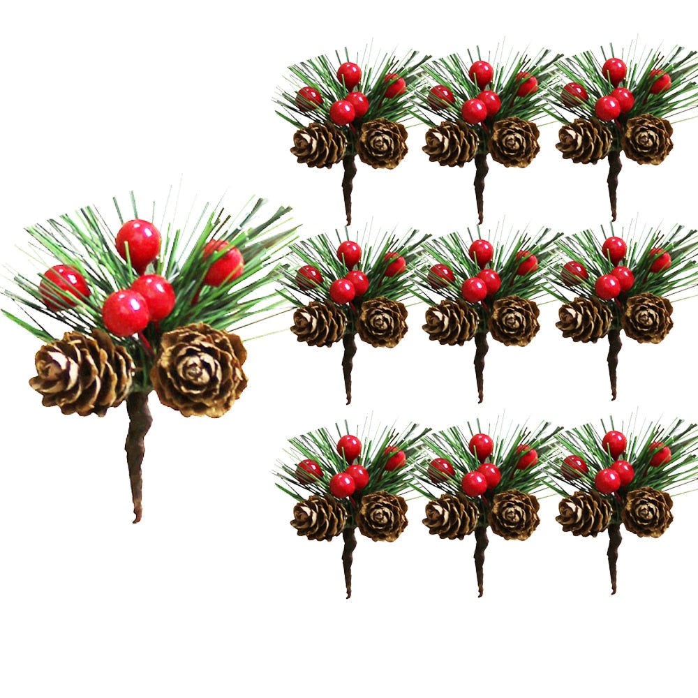 10Pcs Mini Simulation Christmas Pine Picks Stems Artificial Pine Needle Berry Plant for Xmas Party Home Decor Hanging Pendant acacuss