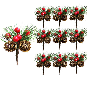 10Pcs Mini Simulation Christmas Pine Picks Stems Artificial Pine Needle Berry Plant for Xmas Party Home Decor Hanging Pendant acacuss