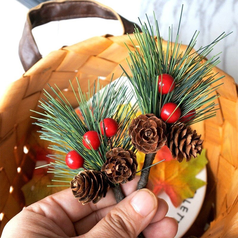 10Pcs Mini Simulation Christmas Pine Picks Stems Artificial Pine Needle Berry Plant for Xmas Party Home Decor Hanging Pendant acacuss