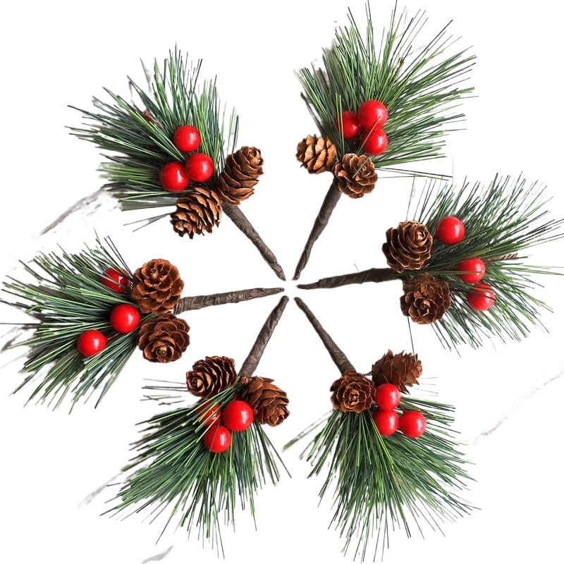 10Pcs Mini Simulation Christmas Pine Picks Stems Artificial Pine Needle Berry Plant for Xmas Party Home Decor Hanging Pendant acacuss