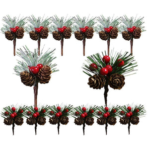 10Pcs Mini Simulation Christmas Pine Picks Stems Artificial Pine Needle Berry Plant for Xmas Party Home Decor Hanging Pendant acacuss