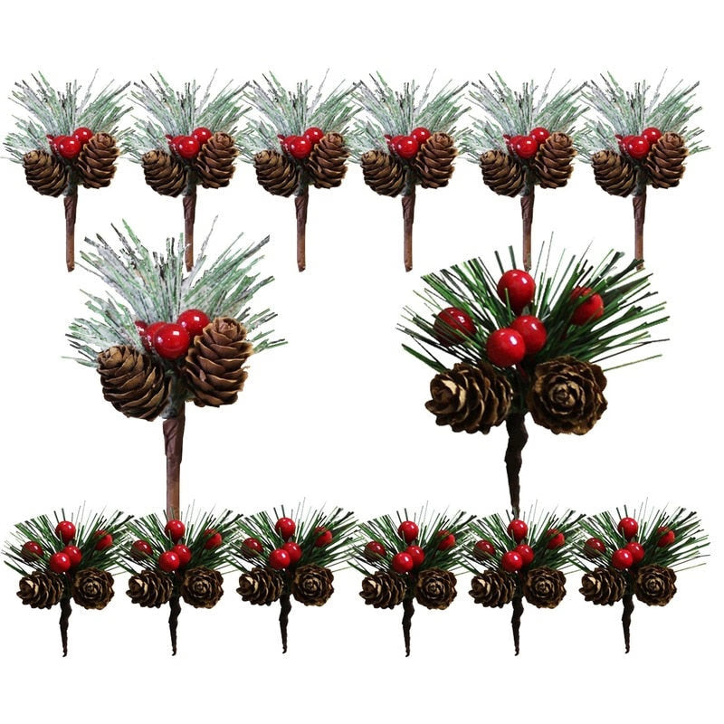 10Pcs Mini Simulation Christmas Pine Picks Stems Artificial Pine Needle Berry Plant for Xmas Party Home Decor Hanging Pendant acacuss