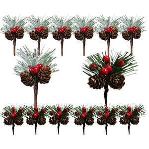 10Pcs Mini Simulation Christmas Pine Picks Stems Artificial Pine Needle Berry Plant for Xmas Party Home Decor Hanging Pendant acacuss