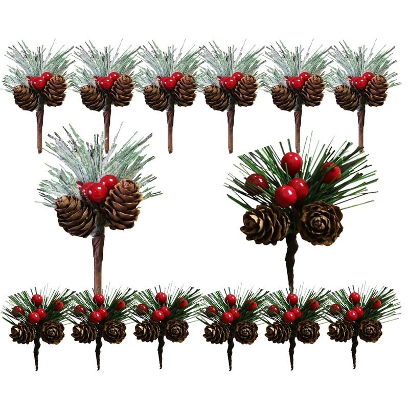 10Pcs Mini Simulation Christmas Pine Picks Stems Artificial Pine Needle Berry Plant for Xmas Party Home Decor Hanging Pendant acacuss