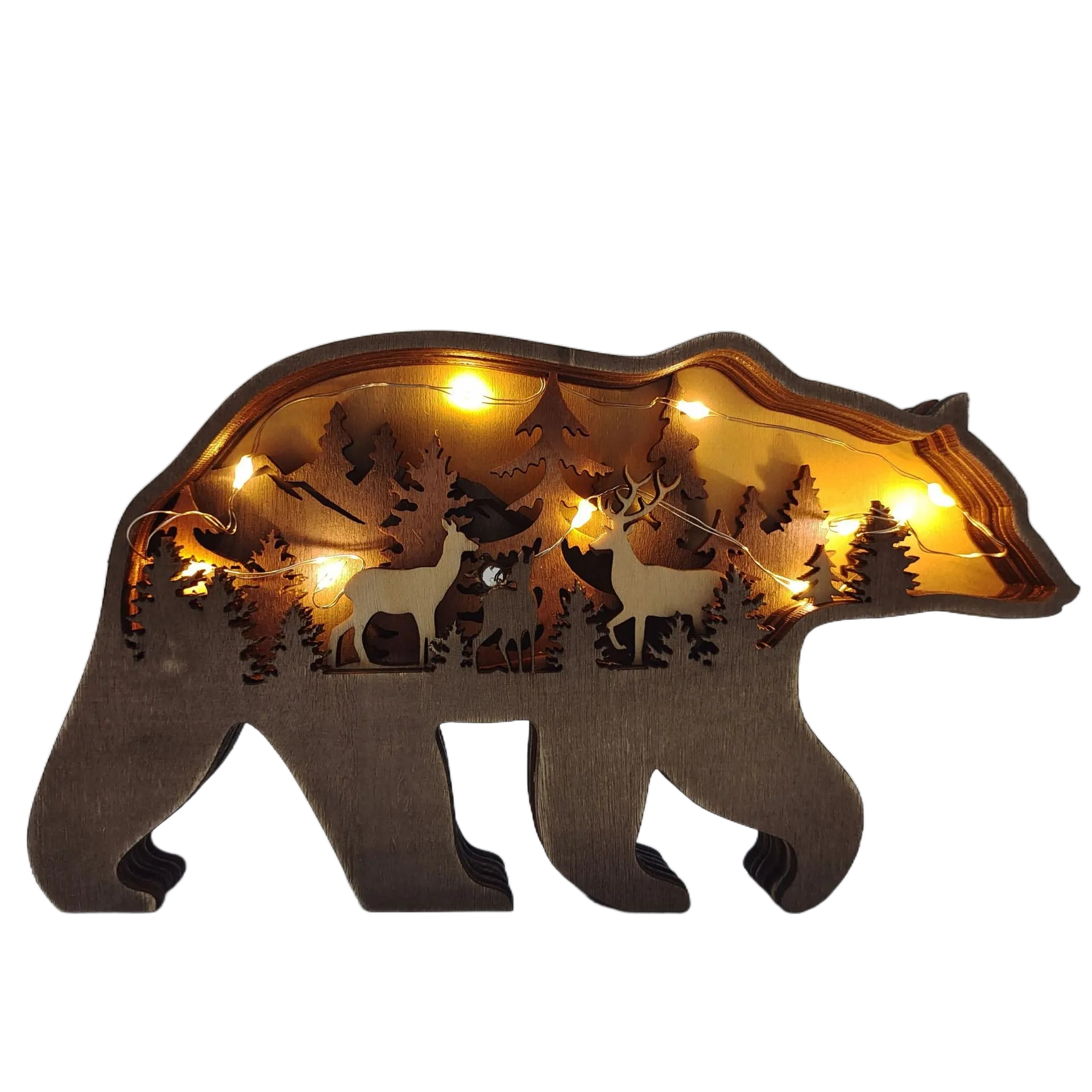 2023 New DIY Wood Elk Brown Bear Ornament Decoration Home Wooden Brown Bear Light Craft Ornament Decor Christmas Gift Crafts acacuss