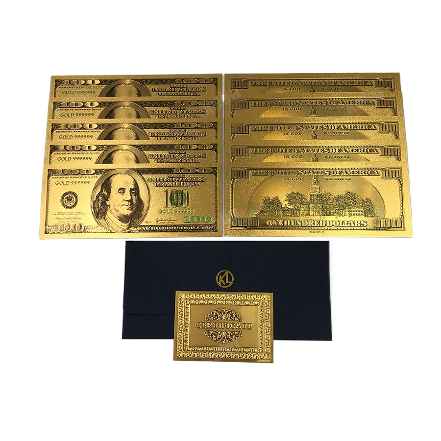 10pcs/lot USA 100 Dollar Gold Foiled Platsic Banknote Bill United States OF America with Envelope for gifts acacuss