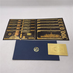 10pcs/lot USA 100 Dollar Gold Foiled Platsic Banknote Bill United States OF America with Envelope for gifts acacuss