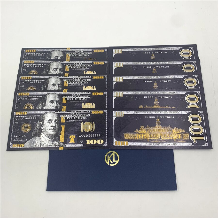 10pcs/lot USA 100 Dollar Gold Foiled Platsic Banknote Bill United States OF America with Envelope for gifts acacuss