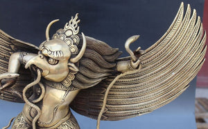 11" Tibet Buddhism Bronze Stand Redpoll Winged Garuda Bird Eagle Buddha Statue acacuss