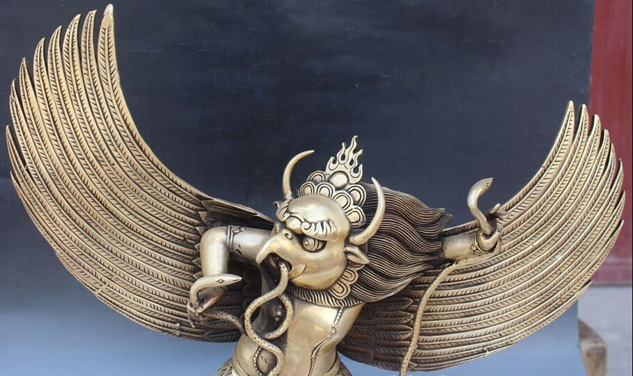 11" Tibet Buddhism Bronze Stand Redpoll Winged Garuda Bird Eagle Buddha Statue acacuss