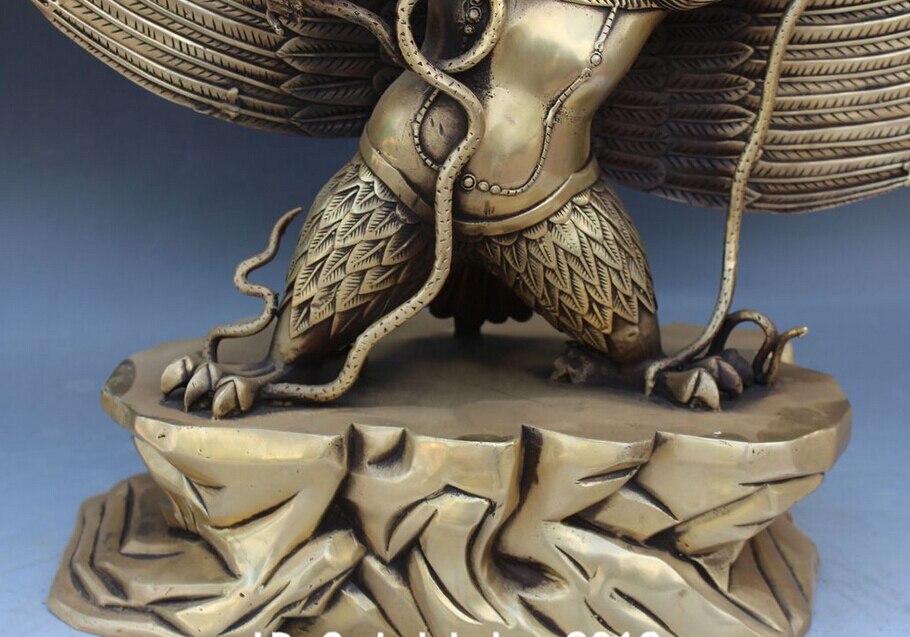 11" Tibet Buddhism Bronze Stand Redpoll Winged Garuda Bird Eagle Buddha Statue acacuss