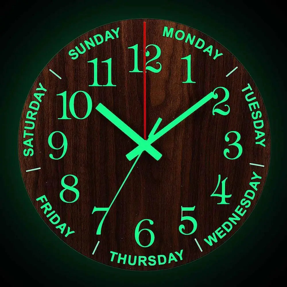 12 Inch Luminous Wall Clock Wood Silent light in dark night Nordic Fashion Wall Clock Non Ticking Clock With Night Light Gift acacuss